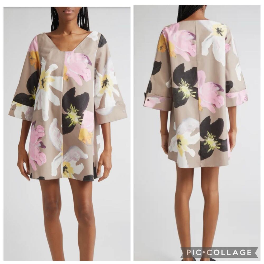 Stine Goya Floral Mini Dress Small 100%Organic Cotton Poplin Patch Pockets Artsy